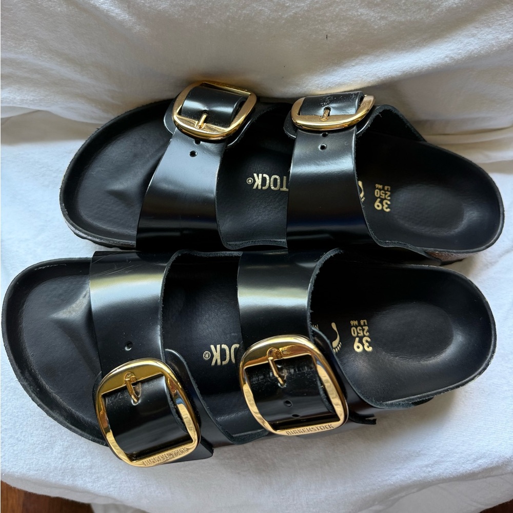 Birkenstock Black and Gold Sandals with Contoured Footbed